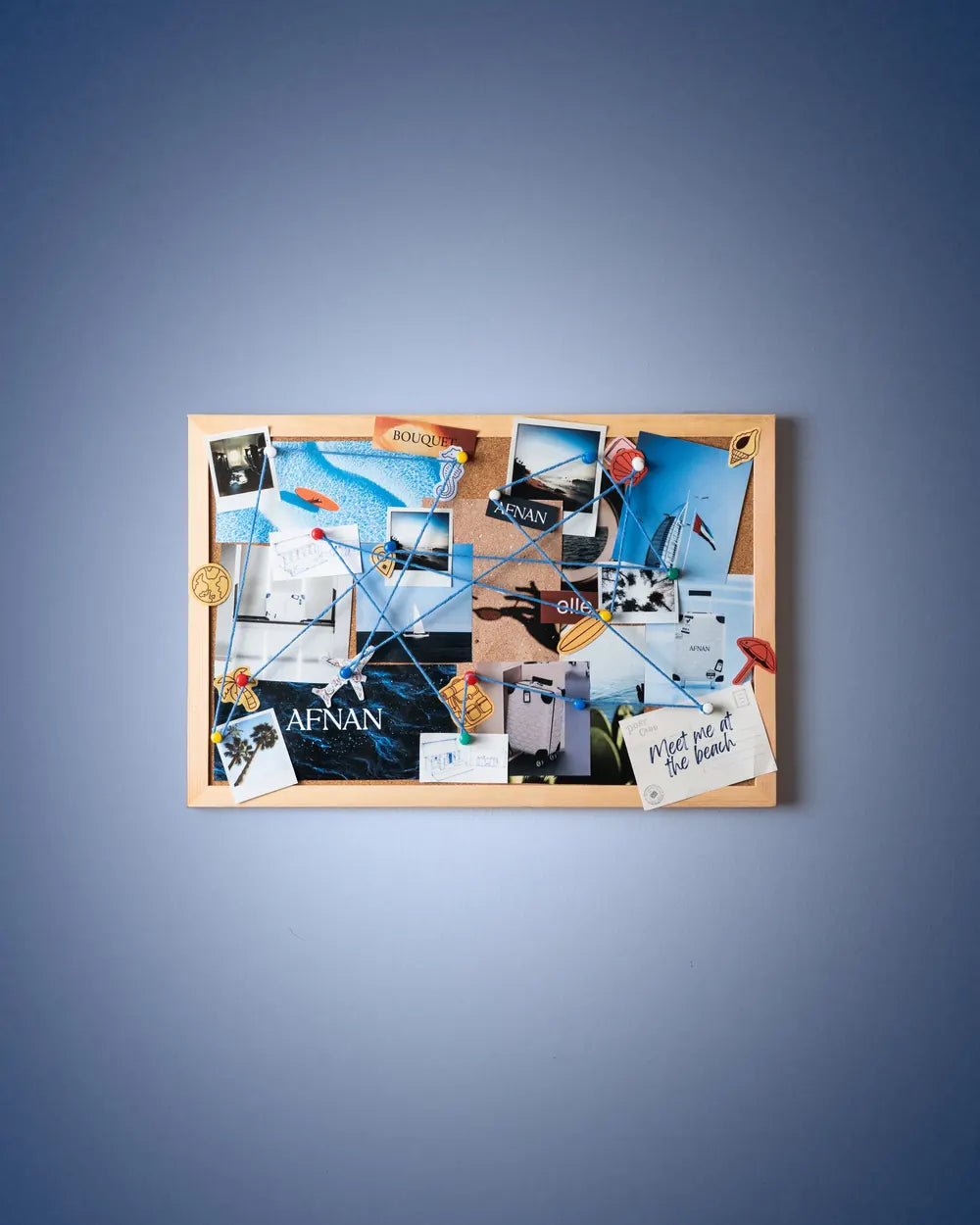 A pinboard of travel photographs